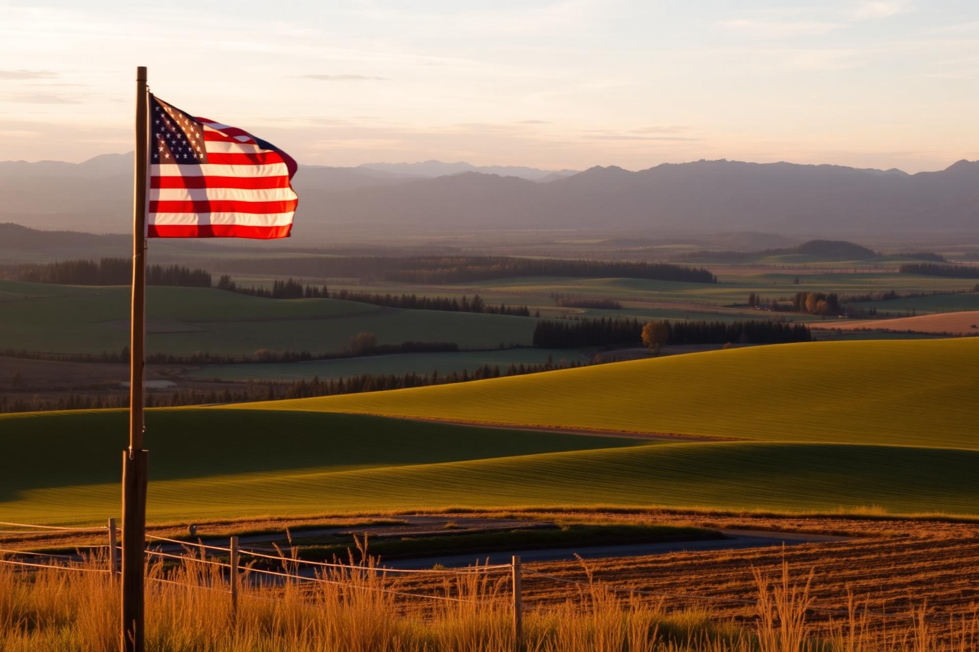 Oregon countryside with an American flag at sunset